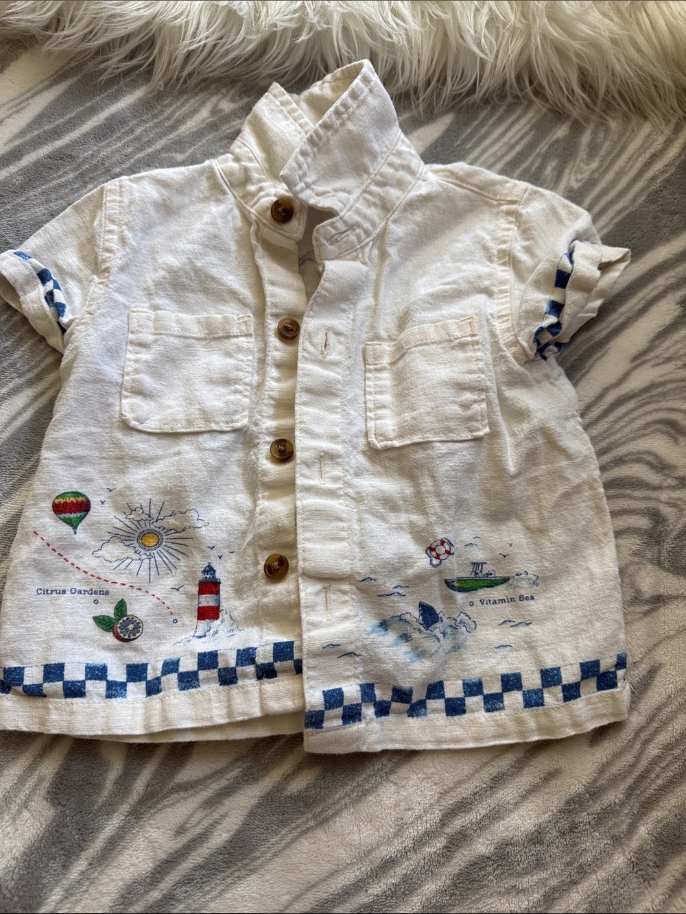 White Embroidered Nautical Short-Sleeve Shirt for Kids 6-12 months